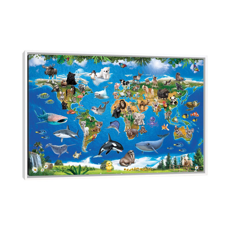 Animal Club World Map by P.D. Moreno - Print on Canvas, White Framed, 101.6 cm H x 66.04 cm W
