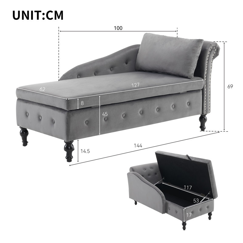 Getchell Velvet Chaise Lounge, Grey