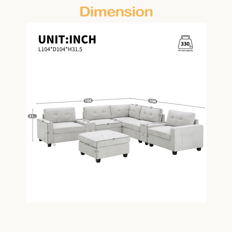 Canapé modulaire de 104 po avec repose-pieds mobile, canapé capitonné en L avec consoles de rangement, chargeur USB, plateau de table en acrylique