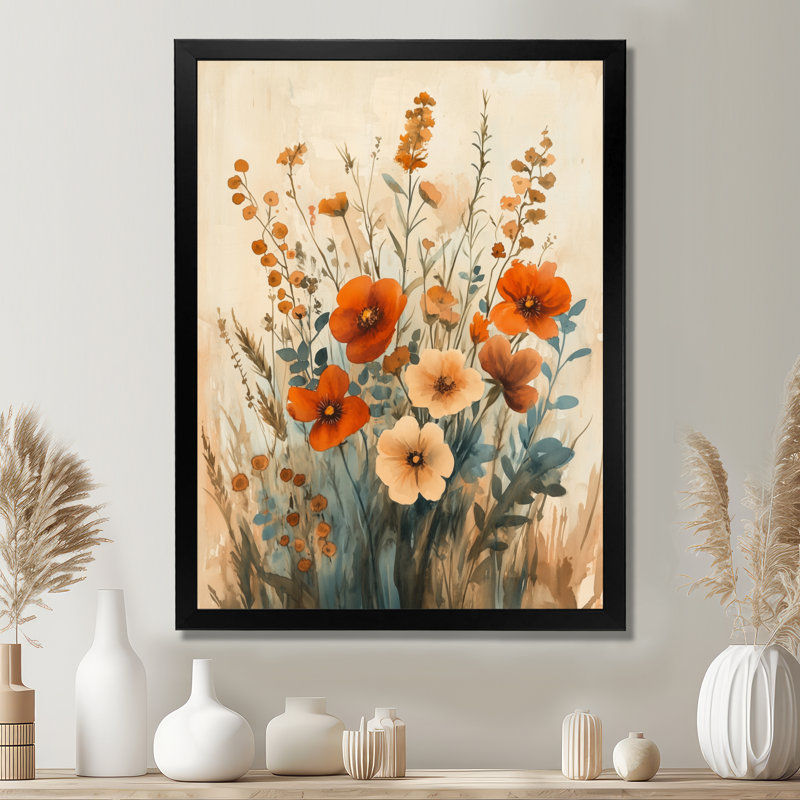 Bouquet de coquelicots rustique - Décoration murale sur toile encadrée de coquelicots, H 32 po x l 16 po, Cadre photo noir
