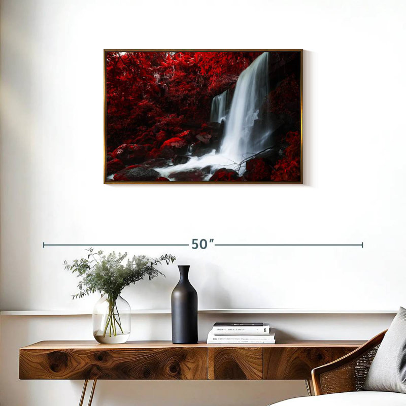 Chute d'eau rouge d'automne, Cadre flottant doré, 31 po x 21 po