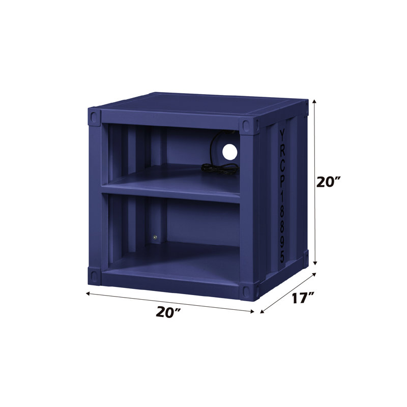 Table de chevet bleue Cargo avec 2 compartiments ouverts, fabrication en métal, style industriel et finition thématique, rangement