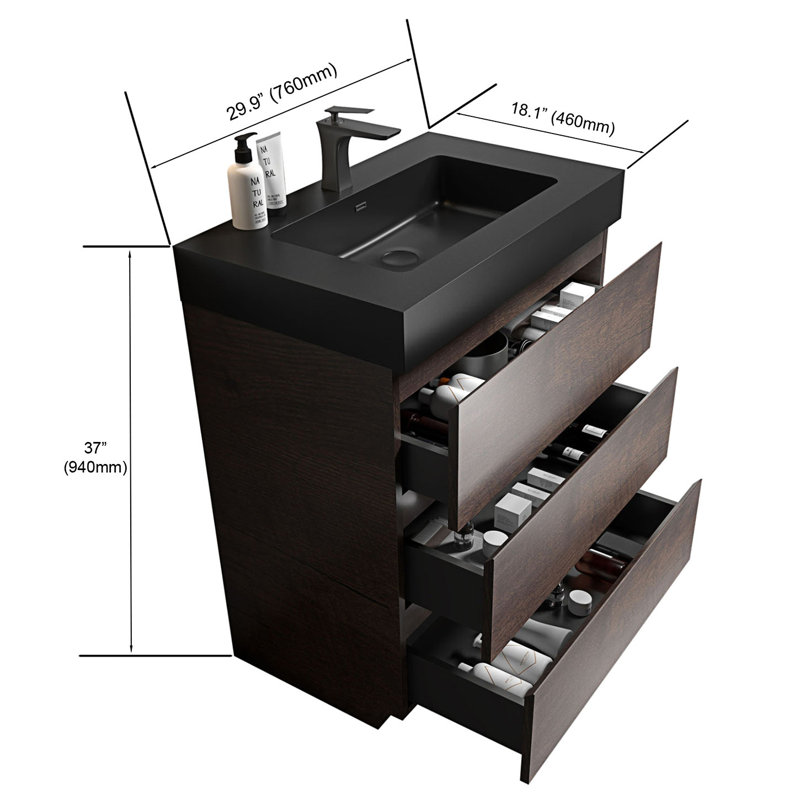 Meuble-lavabo autoportant avec tiroirs, Noyer / noir