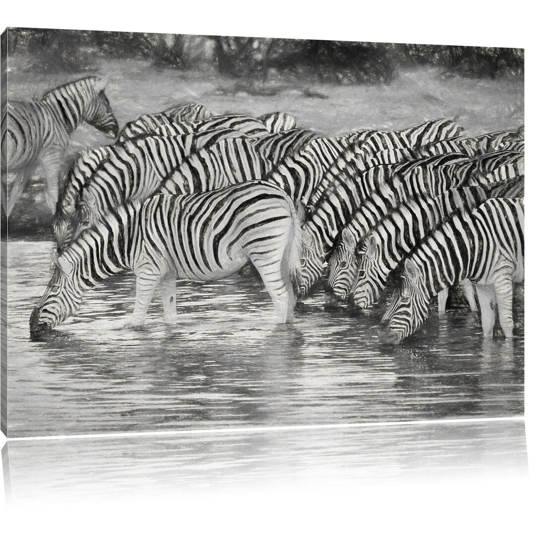 Leinwandbild Zebras beim Sonnenuntergang in Grau/Schwarz