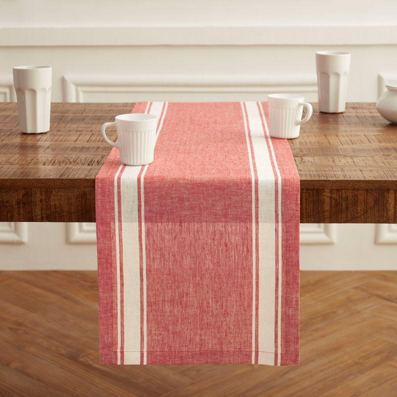 Country Stripe - 100% Pure Linen Table Runner, Red/White, 60" x 14"