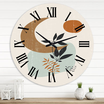 Abstract Sun & Moon With Minimal Plants - Modern wall clock