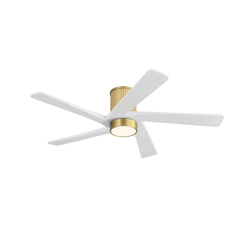  5 Solid Wood Blades Flush Mount Ceiling Fan Woven Rattan Cover DC Motor With Remote Light, 48" Wide, White/NAB Gold