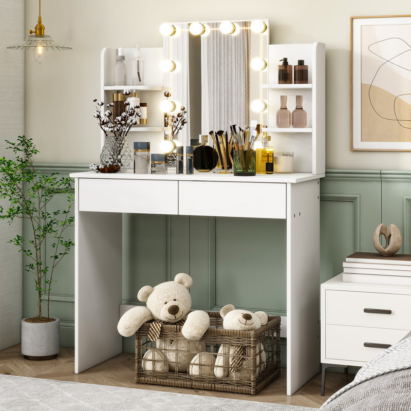 Dressing Table Set With 2 Large Drawers,Vanity Mirror 3 Lighting Color Adjustable