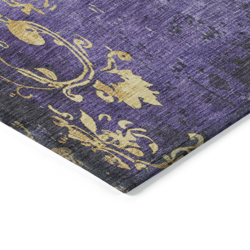 Purple Floral Washable Indoor/Outdoor Rectangular Rug