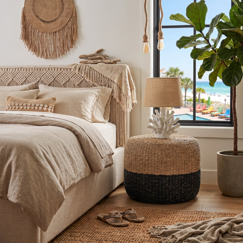  Chula 18" Seagrass Round Pouf Ottoman, Duo Low Round Side Table, Boho Nightstand, Black/Brown