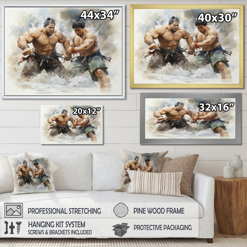 Japon Art Sumo Wrestling - estampes murales japonaises, H 34 po x l 44 po x P 1,5 po, Cadre flottant noir