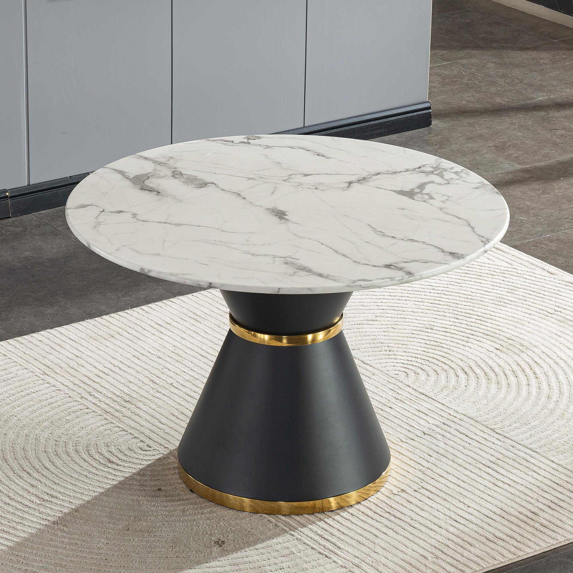 Everly Quinn White Marble Printed MDF Round Dining Table, Black ...