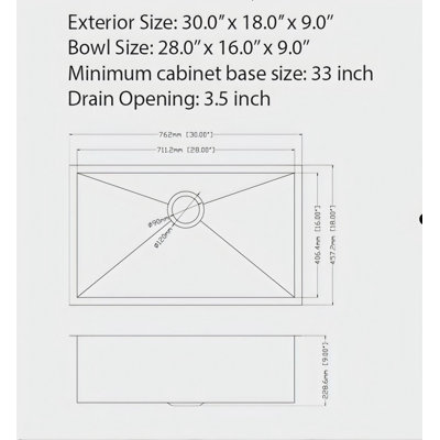 Évier de cuisine encastré 30 "x 18" x 9 "en acier inoxydable noir de calibre 16 avec ensemble de drain