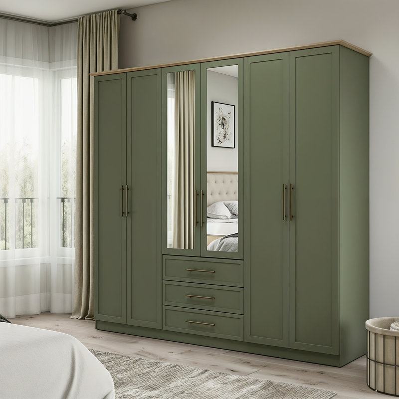 Cleverton Tellys 4 Door 3 Drawer Wardrobe with Mirror, 191.3cm H x 228.5cm W x 58cm D, Kale Green