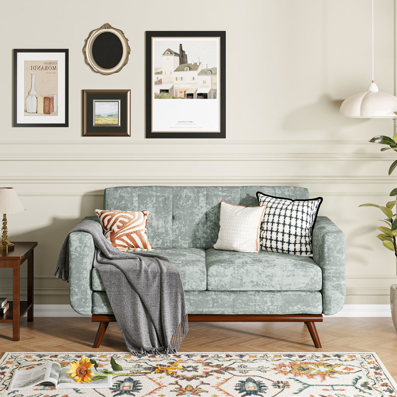 Upholstered Square Arm Sofa, Green Chenille