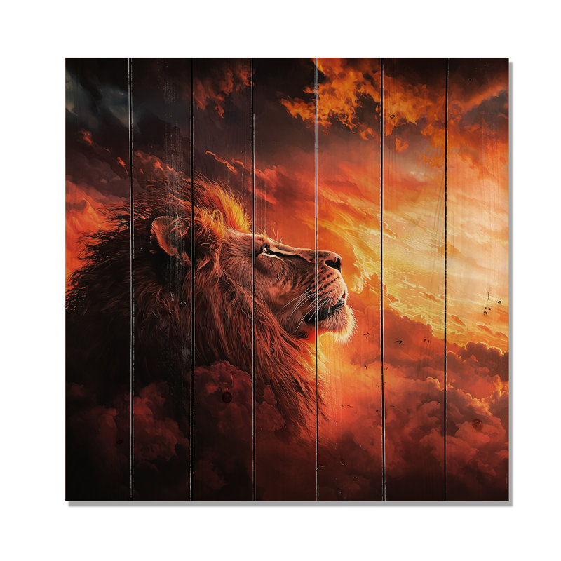 Roaring Lion Courage I - Art mural moderne sur bois de pin naturel, H 36 po x l 36 po