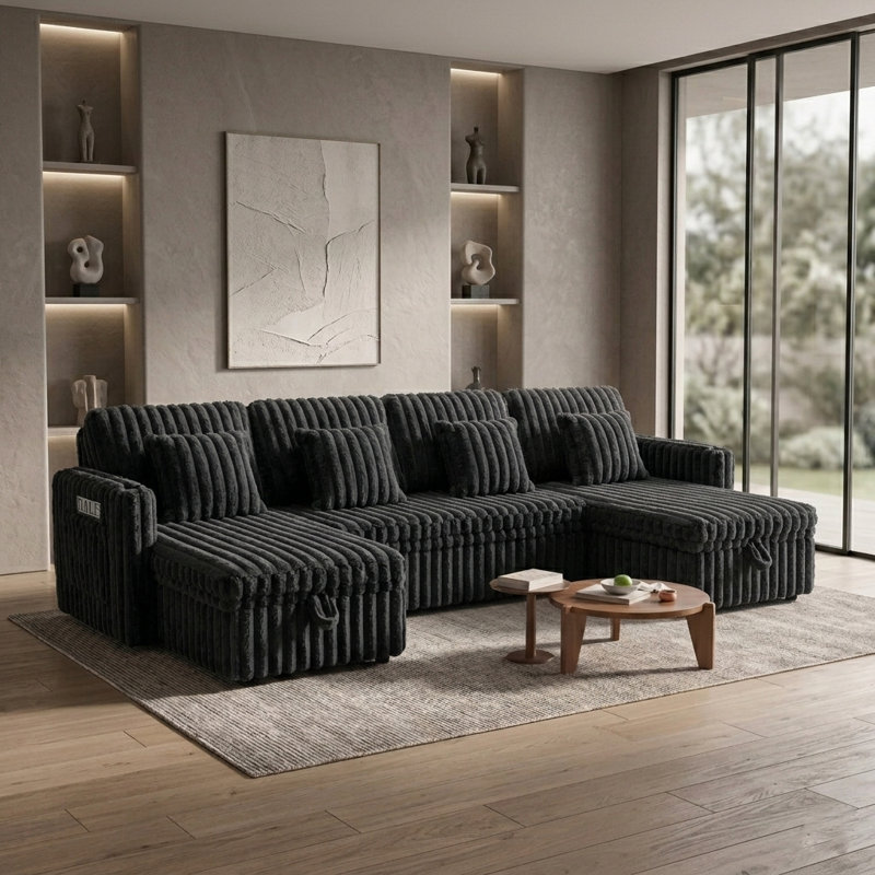 Très grand canapé-lit modulaire en U 107 po avec lit escamotable et chaises de rangement doubles, 107 po, noir, Noir