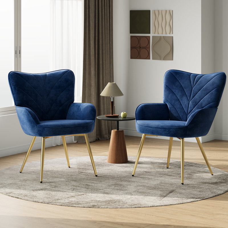 Plush Velvet Upholstered Armchair with Metal Legs, Blue