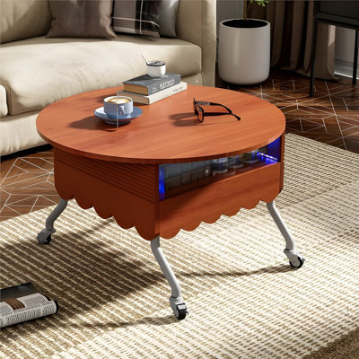 27.6" Round Lift-top Coffee Table With Hidden Storage, Led Lighting & Wheels - Wooden Circular Table With Metal Frame For Living Room, Home Office (brown)