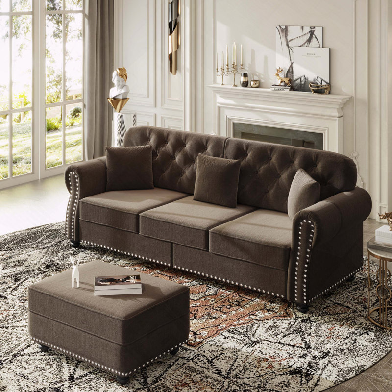 Velours Chesterfield canapé garniture cloutée capitonnée, Brun