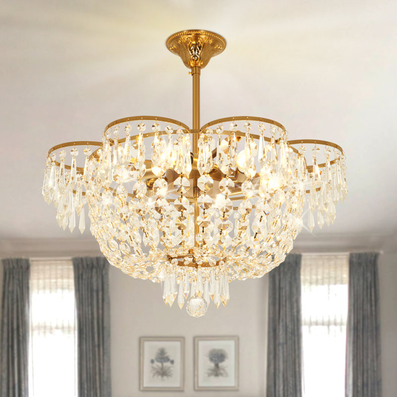 Lustre Emmanuel à 6 lumières en cristal doré avec motif floral étagé