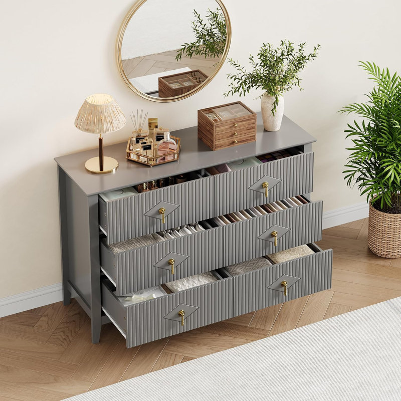 Commode 47 po en bois à 6 tiroirs pour chambre à coucher 47 po, Gris