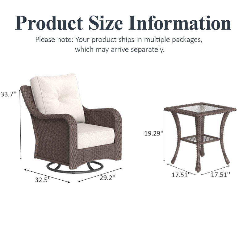  3 Piece Wicker Outdoor Furniture Set with 6-inch Comfy Cushions, High Back Patio Furniture Set with Swivel Rocking Chairs and Side Table