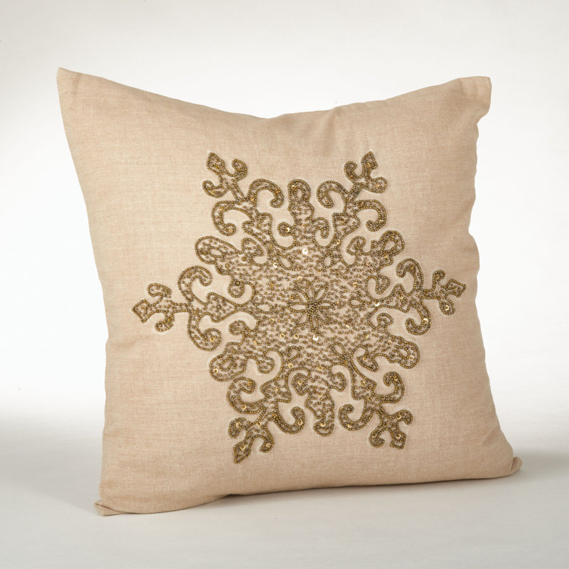 Celestial Snowflake Design Embroidered Down Reversible Throw Pillow, Bronze
