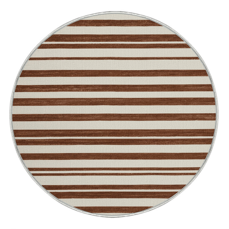 Tapis beige à rayures horizontales lavable à la machine, Rond 7 pi