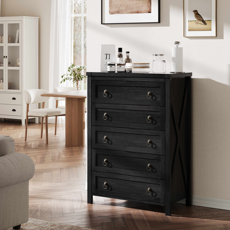 Commode 5 tiroirs Gracie Oaks Farmhouse, Noir, noir, noir, noir