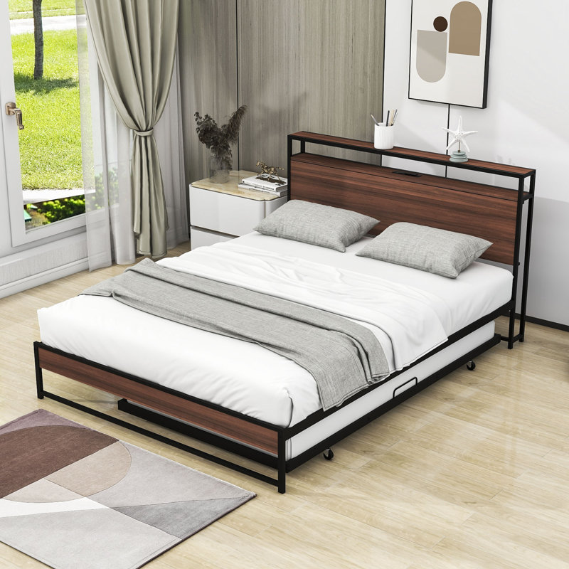 Uleena Platform Bed with Trundle and Headboard, Black, Queen