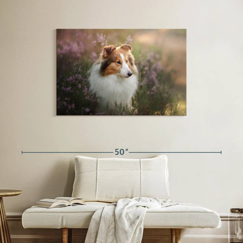 Sheltie et fleurs, H 26 po x l 39 po
