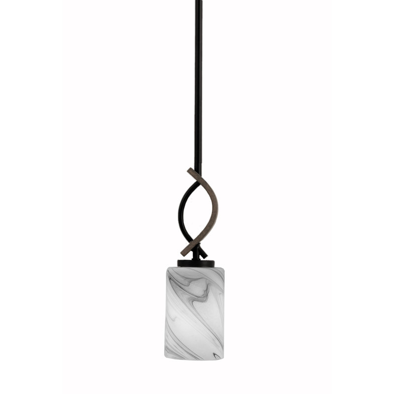 Charriez Stem Hung Mini Pendant Shown In Matte Black & Painted Distressed Wood-look Metal Finish With 4” Onyx Swirl Glass