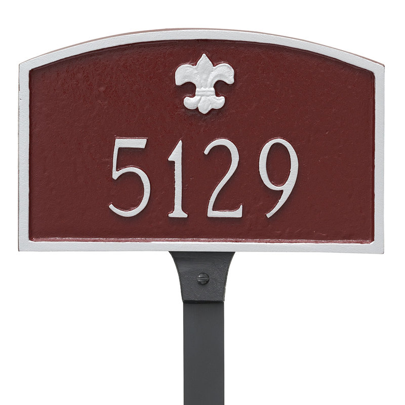 Enseigne d’adresse pour pelouse sur 1 ligne Fleur de Lis, Oui, Rouge brique / Argent