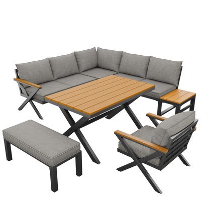 Outdoor Sofa Set With X-shaped Metal Frame, 8 Cm Cushions & Plastic Wood Armrests
