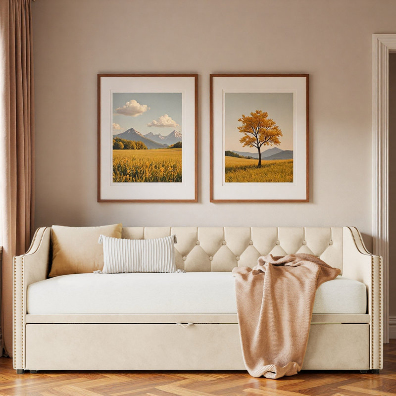 Lit de jour rembourré avec lit gigogne, Beige