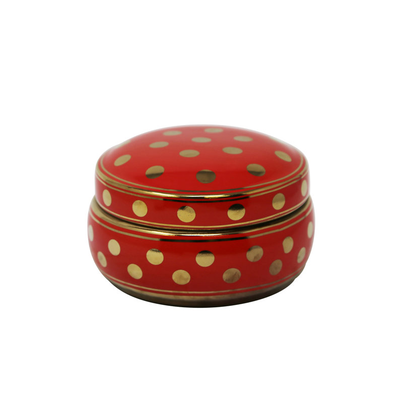 Embla Stoneware Ceramic Jar with Lid and Glam Polished Dot Embellishments for Decorative Display, 3.75" H x 7" W x 7" D