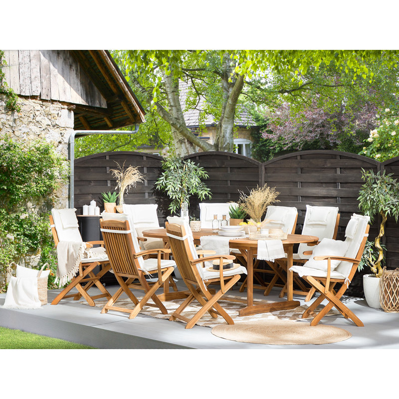 Creekmore 8 - Person Acacia Solid Wood Patio Dining Set Extendable Oval Table with Cushions Included, Beige, No