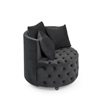 Modern Velvet Swivel Chair In Black, Button With Movable Wheels For A Comfortable Seating Experience Upholstered Tufting, Wheels, And Black Color Living Room Grace