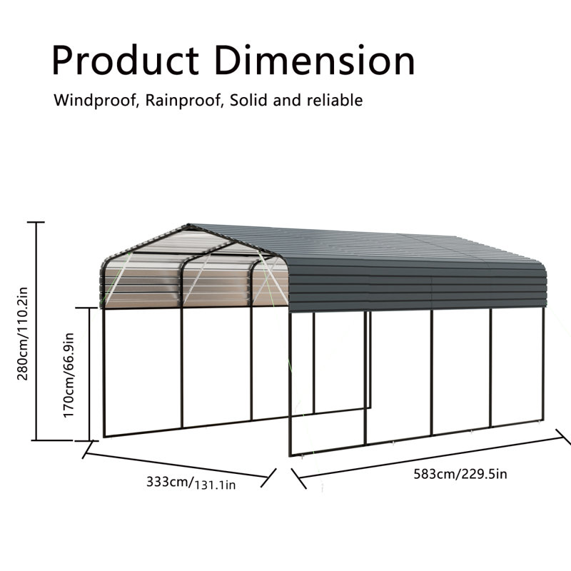 Metal Carport 11X19 FT Heavy Duty With Galvanized Steel Roof Black Frame