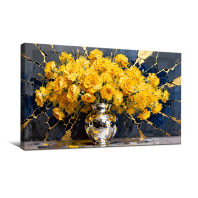 Plantes et fleurs Fleurs jaunes dans un vase argenté sur fond bleu