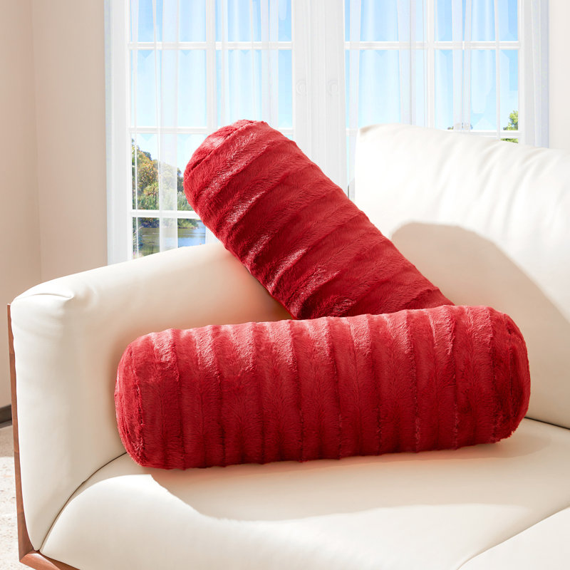 Cheer Collection Faux Fur Bolster Pillow, Maroon