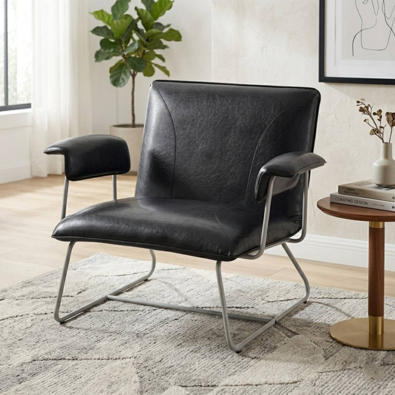 Klara Faux Leather Armchair with Metal Sled Base, Black  Faux Leather