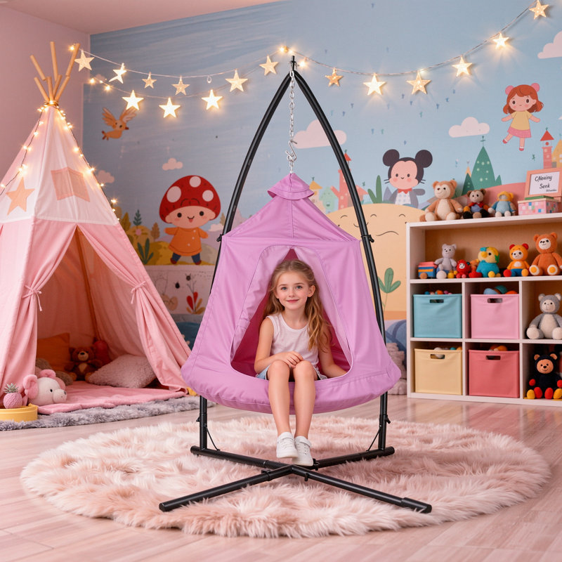 Hanging Hammock X-Stand with Tree Tent, Indoor Metal Swing Chair Stand with Play Tent, Outdoor Egg Basket Patio Seat with Support Stand, Porch Bedroom Balcony Chair with Adjustable Solid Stand