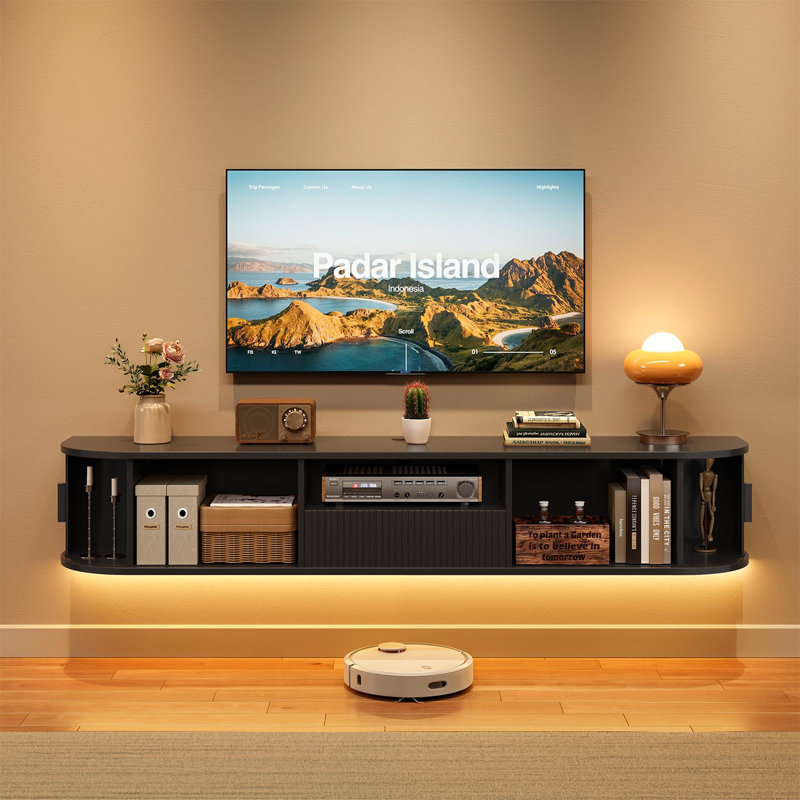 Meuble télé 70 po avec lumières à DEL, centre de divertissement moderne cannelé de style Mid-Century avec tiroir, prise de courant et commande pour application, console murale pour téléviseur de 80 po ou moins