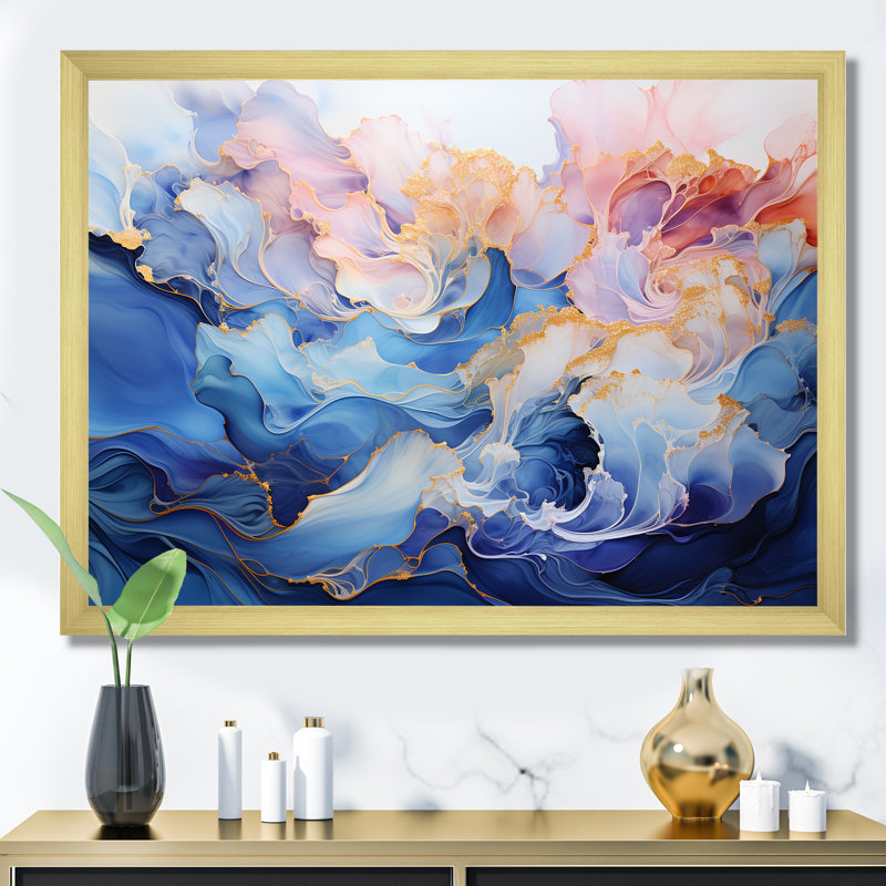 Rêve d'encre rose et bleue sur toile, Cadre doré simple, H 12 po x l 20 po x P 1 po