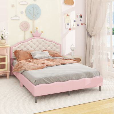 Lit princesse en cuir PU avec tête de lit touffetée Lovely Crown Fantasy, rose et crème