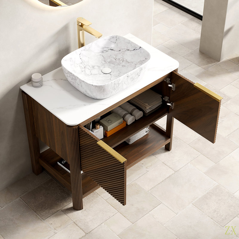Meuble-lavabo 36 po, meuble de rangement autoportant en contreplaqué avec 2 portes diagonales rayées et tablette ouverte, lavabo en céramique à motif marbré et plateau en pierre frittée Carrara