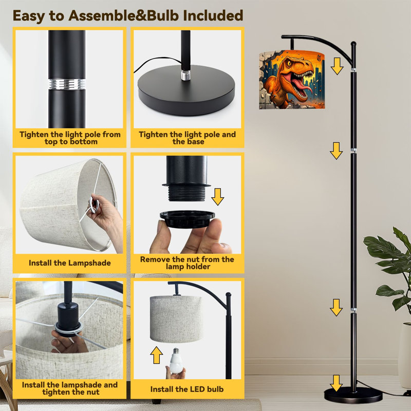 Arc Floor Lamp Tyrannosaurus Rex Breaking City Wall Butterfly Floor Lamps with Remote LED Lights Adjustable Lamp Shades Tall Standing Lamps for Reading Office Living Room