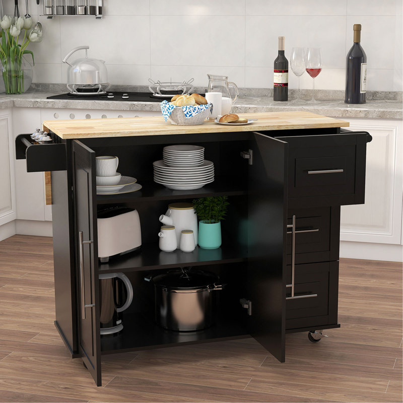 Îlot de cuisine avec support à épices, porte-serviettes et plateau de table en bois massif extensible, Noir